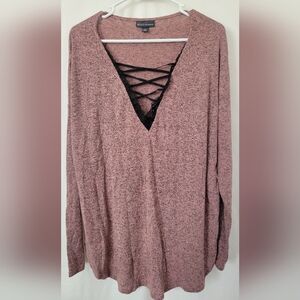 BOLD elements Dusty Pink Top Black Lace Accent Long Sleeves Stretchy Women Large